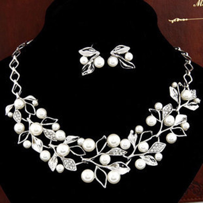 Pearl Rhinestone Branch Earrings Necklace Set Jewelry Female Accessories