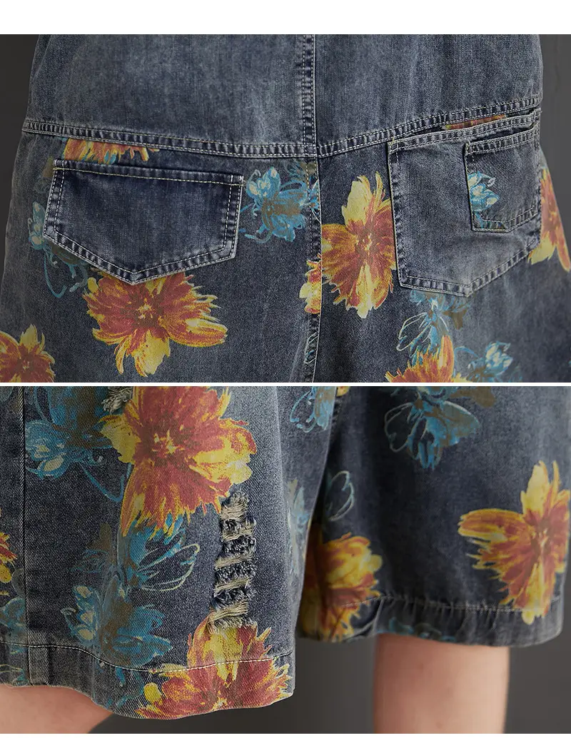 Casual Oversized Denim Printed And Washed Overalls For Women