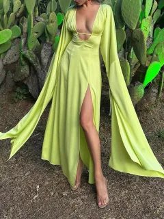 Neon Green Deep V Cutout Maxi Dress With Long Flowy Sleeves - Green - View 1