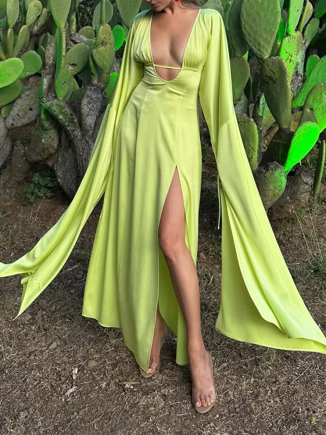 Neon Green Deep V Cutout Maxi Dress With Long Flowy Sleeves Green - Shop at LoveMi