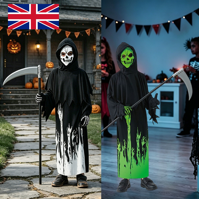 Glow In The Dark Grim Reaper Halloween Boys Fancy Dress Complete Outfit 5-9 — image 6