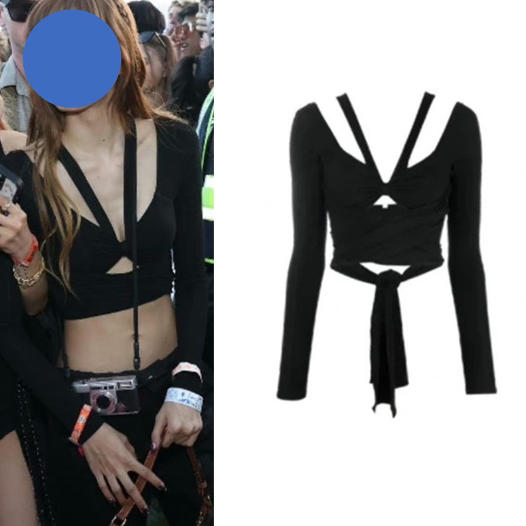 Black Long-sleeved Slim Fit And Thin Hollow Out Navel Short Section