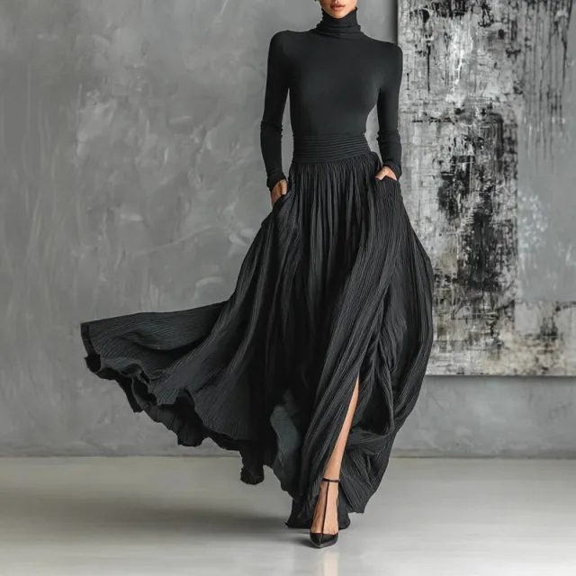 Women's Elegant High Neck Sweater And Skirt Set Solid Color With Slit Hem, Cozy Two Piece Outfit For Fall Winter Casual Chic Black - Shop at LoveMi
