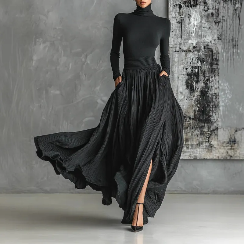 Women's Elegant High-Neck Sweater And Skirt Set - Solid Color With Slit Hem, Cozy Two-Piece Outfit For Fall Winter Casual Chic - Black