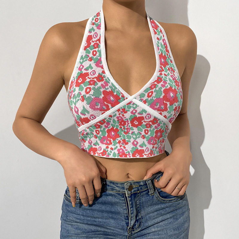 Floral V-neck Low-cut Slim-fit Halter Knit Bottoming Vest