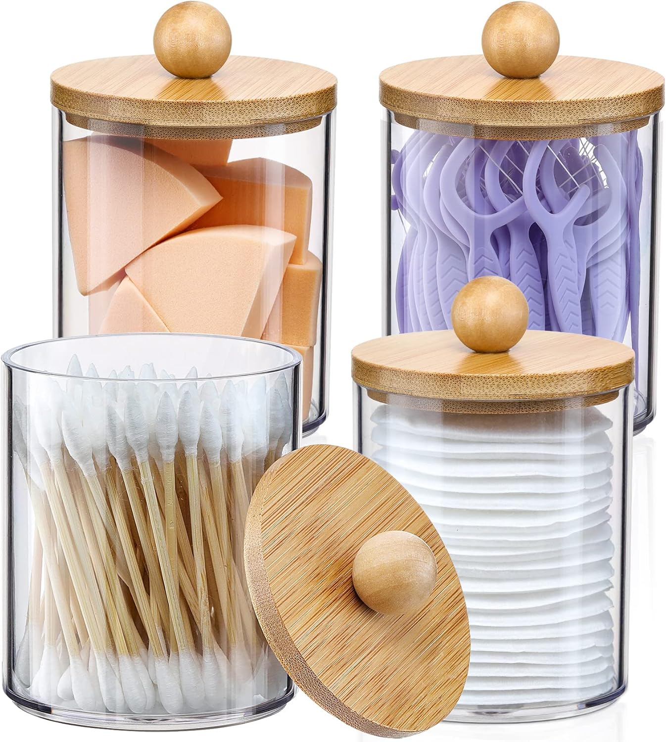 Distributeur de support Qtip 4 unités avec couvercles en bambou, pots transparents de 10 oz pour les cotons-tiges, les balles, les tampons et le stockage de la soie dentaire