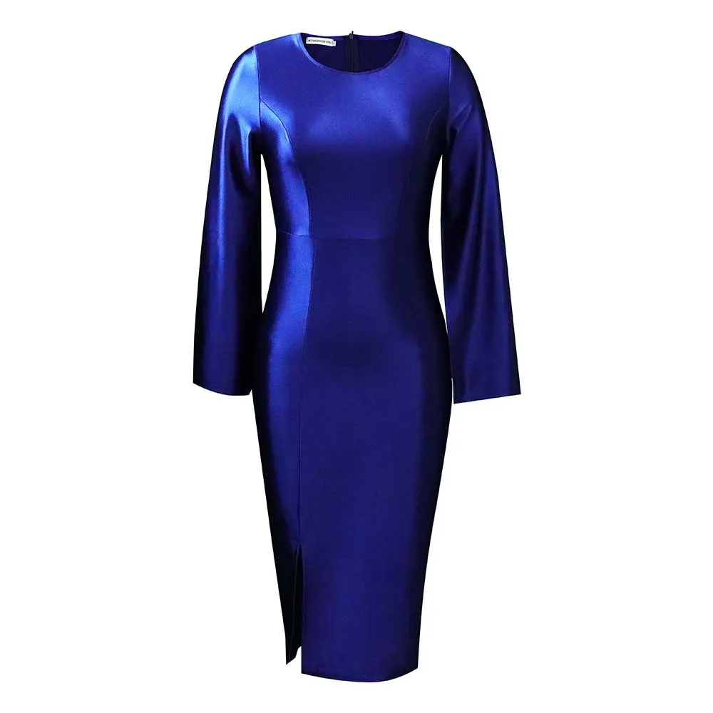 Solid Color Ladies Fashion Elegant Cape Dress - Dark Blue