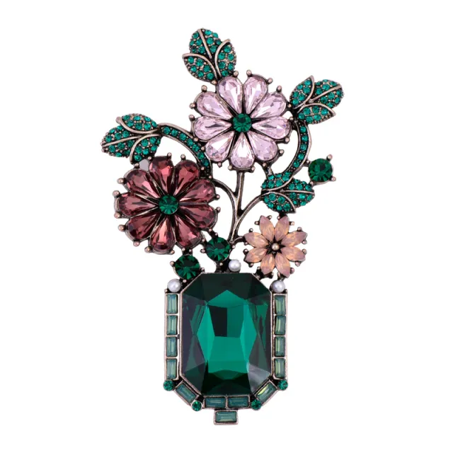 Gorgeous Vintage Green Rhinestone Colored Flowers Bonsai Flower Brooch Gold Tone Green Leaf Deep Red Orange Floral Vase Pin Green - Shop at LoveMi