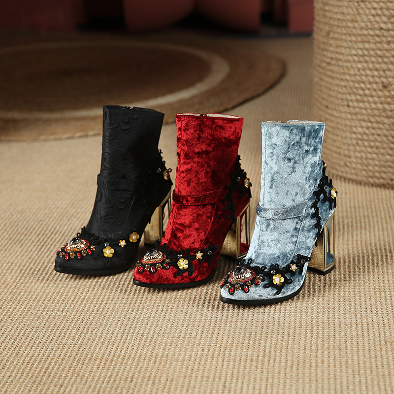 Heel Mid-tube Boots Beaded Embroidery Side Zipper Women Boots
