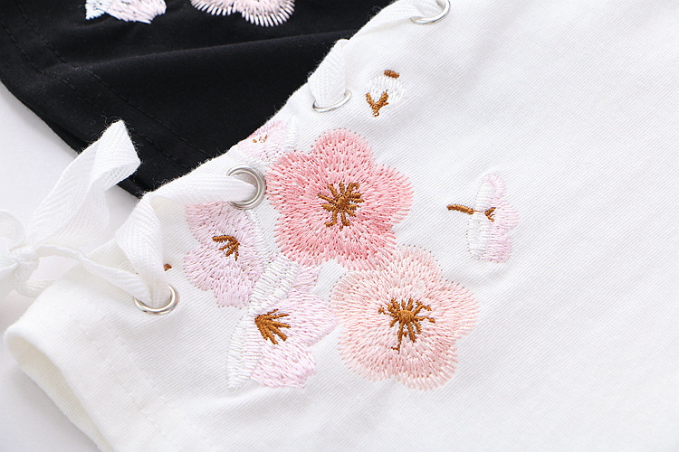 Title 10, Lace-up Flower Embroidery Cotton Loose Short-sl...