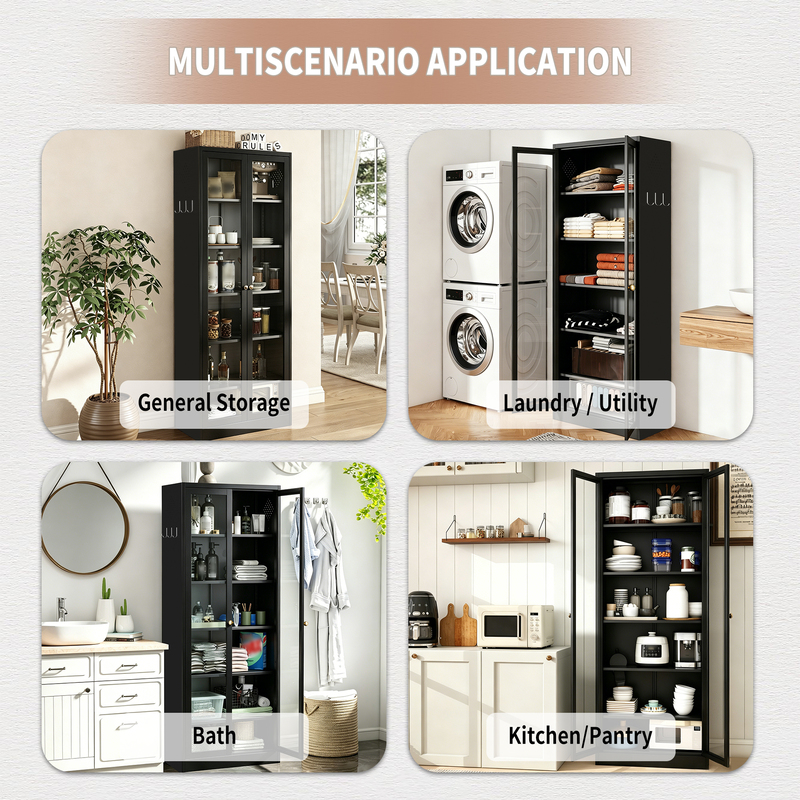 Metal Kitchen Pantry Cabinet - 72in Tall Storage W 5 Adjustable Shelves, Black Freestanding Unit For Kitchen Pantry & Living Room 8