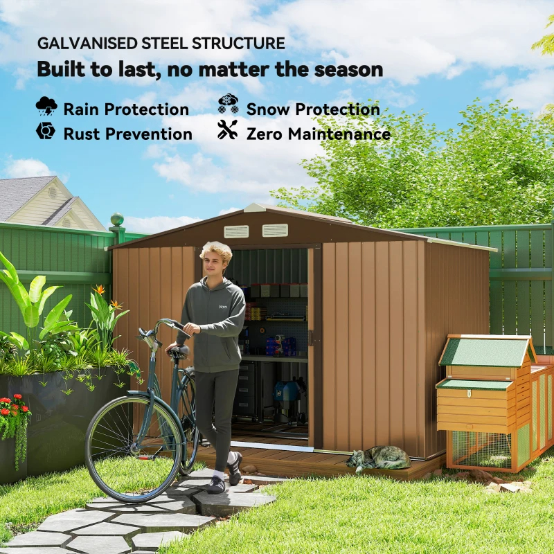 Outdoor Storage Shed, Garden Tool Metal Shed With Foundation Kit, Double Lockable Door, Air Vents And Sloping Roof, For Backyard, Patio, Lawn, Yellow