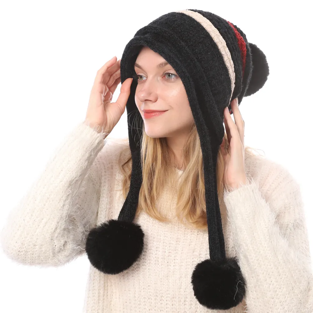 Ladies' New Autumn Fleece Warm Ball Knitted Hat - Black