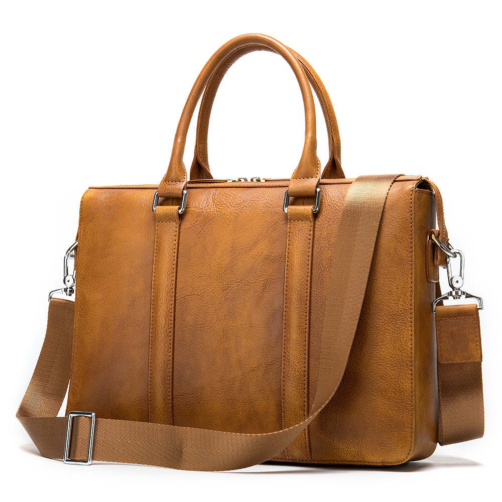 Men's Simple Solid Color Leather Briefcase Brown - Shop at LoveMi