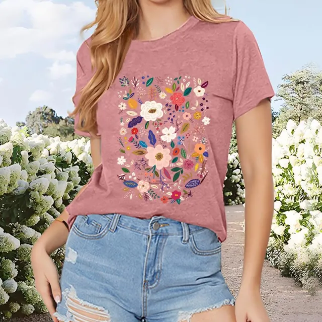 Women's Floral Print T Shirt Short Sleeve Crew Neck Summer Casual Top Pink - Shop at LoveMi