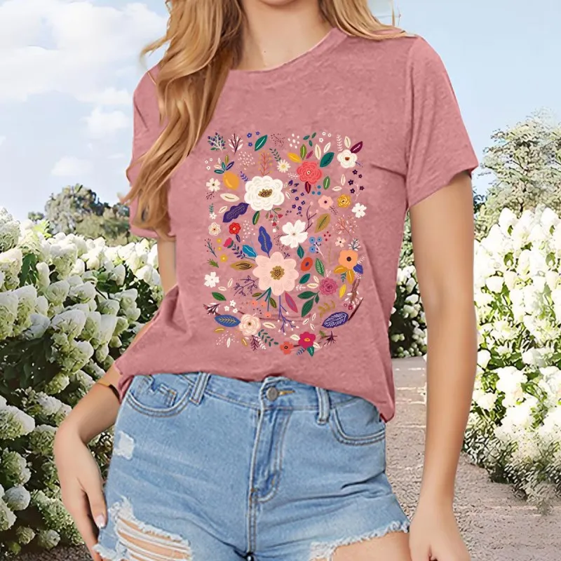 Women's Floral Print T-Shirt Short Sleeve Crew Neck Summer Casual Top - Pink