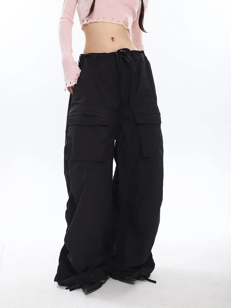 Women's Pocket Pleated Drawstring Vintage Wide Leg Pants - Black