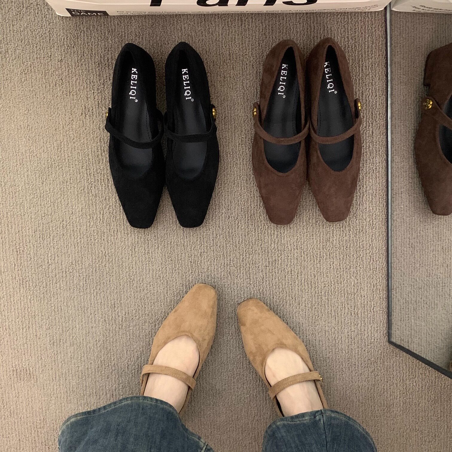 Women Vintage Matte Suede Single Tiny Gold Metal Buckle Flats Matching Casual Daily Doll