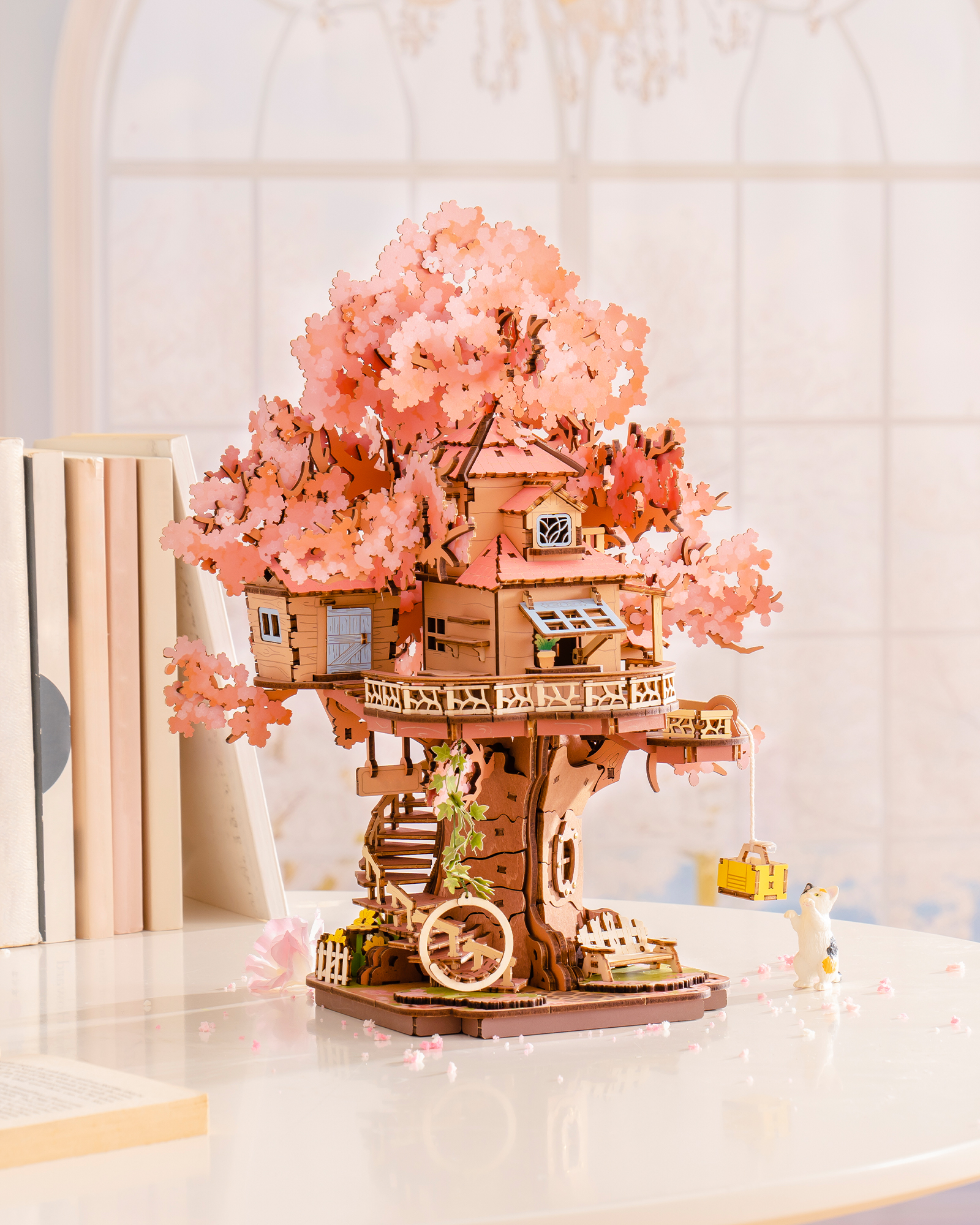 Rolife DIY Miniature Sakura House Set - Sakura Tree House, 3D Wooden Japanese Sakura Building Kit With Swing And Spiral Staircase, 535 Pieces, Bonsai Craft Home Decor Gift For Adults And Teens