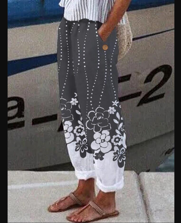 Cotton And Linen Printed Loose Track Pants Women