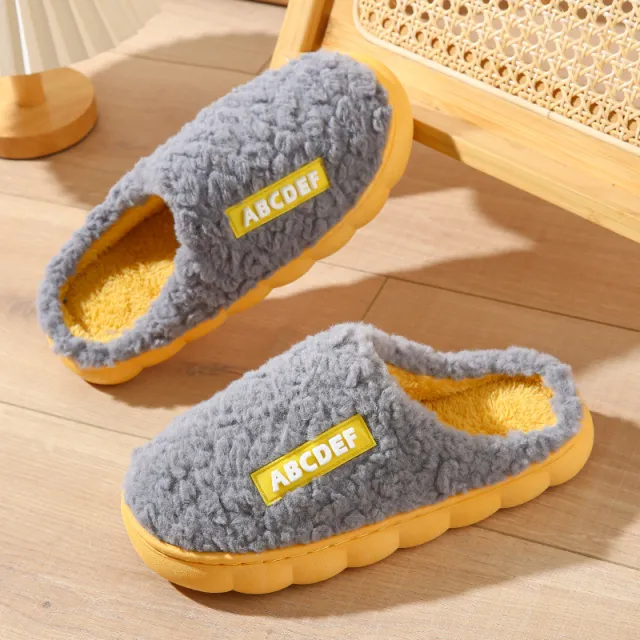 New Letter Home Slippers Autumn And Winter Indoor Non slip Thick soled Fur Slippers Fluffy Slides Household Warm Shoes Grey - Shop at LoveMi