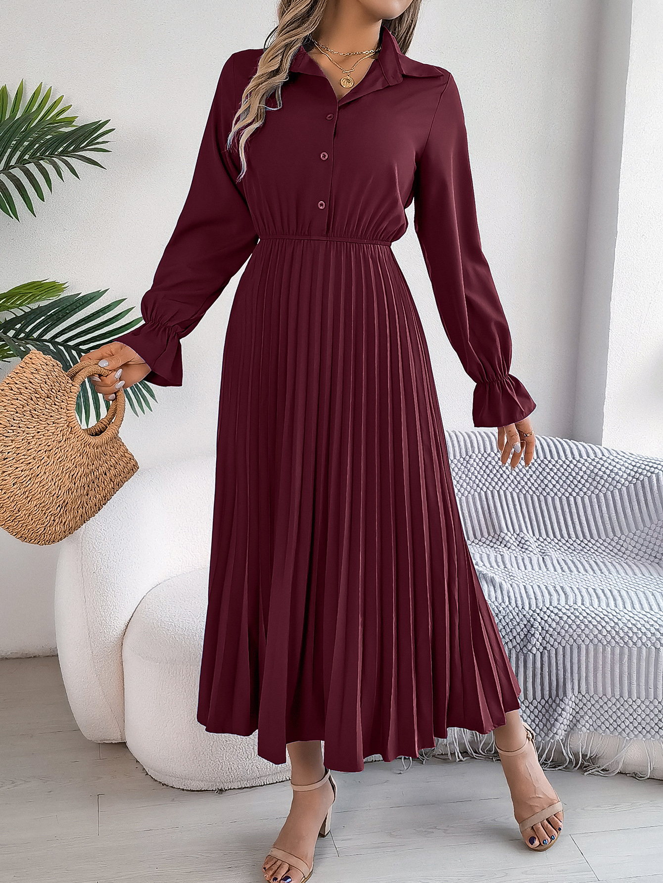 Women's Casual Lapel Button Long Sleeve Tie Waist Pleated Maxi Dress thumbnail 4
