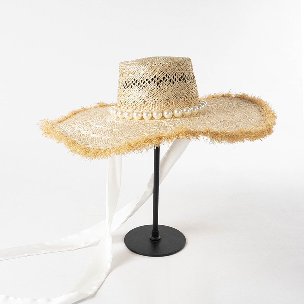 Pearl Strap Frosted Edge Large Eaves Hand Braided Straw Beach Sun Visor Hat