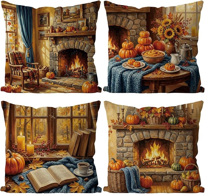 4-Piece Fall Pillow Covers, 18x18 Inch Pumpkin And Books Blue Orange Autumn Farmhouse Cushion Cases