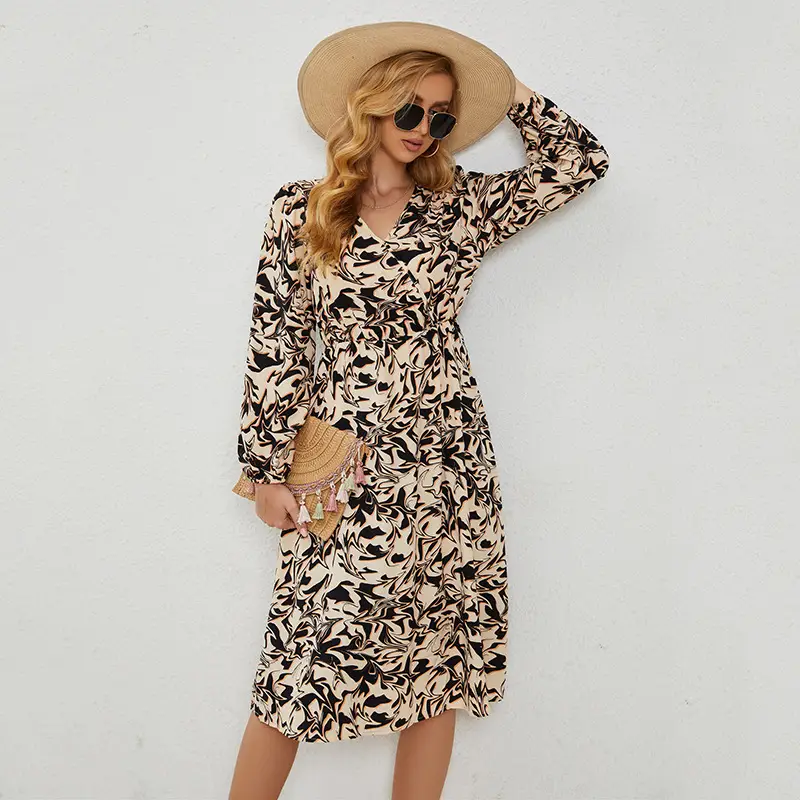 European And American Printed V-neck Dress For Women
