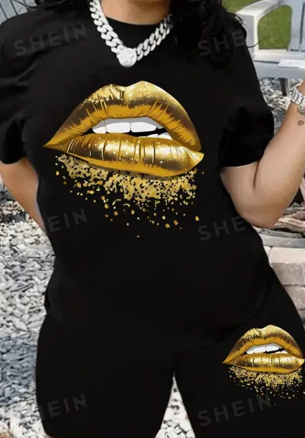 Women's Summer Casual Set Gold Lips Print Round Neck Short Sleeve T Shirt And Shorts Black - Shop at LoveMi
