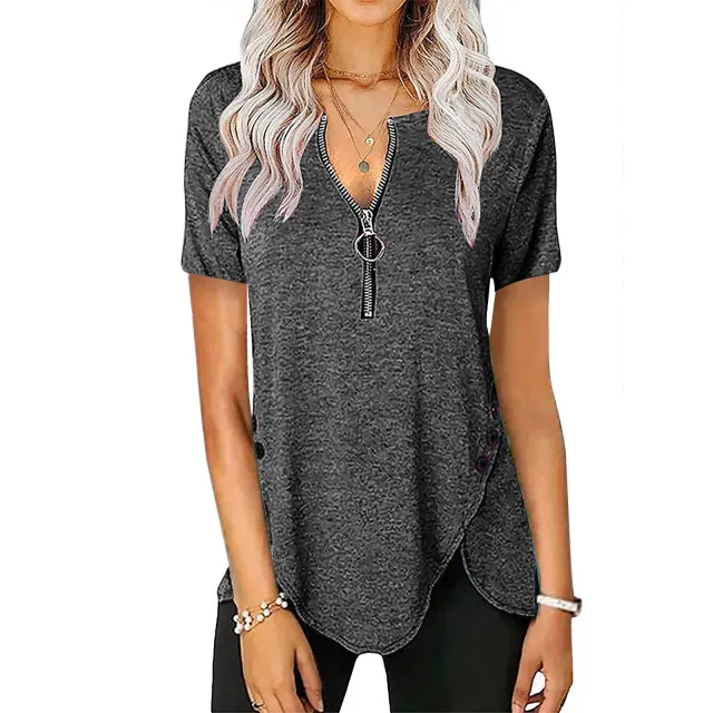 Women's Casual Short Sleeve Top V Neck Zip Button T Shirt Grey - Shop at LoveMi
