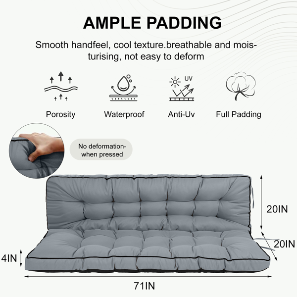 Outdoor Swing Cushions 70 Inch,Waterproof 4in Thick Porch Swing Cushion Replacement With Backrest And Ties,Comfortable 2-3 Seat Pation Swing Pad For Backyard,Garden,Lawn,Outdoor Furniture Light Grey — foto 2