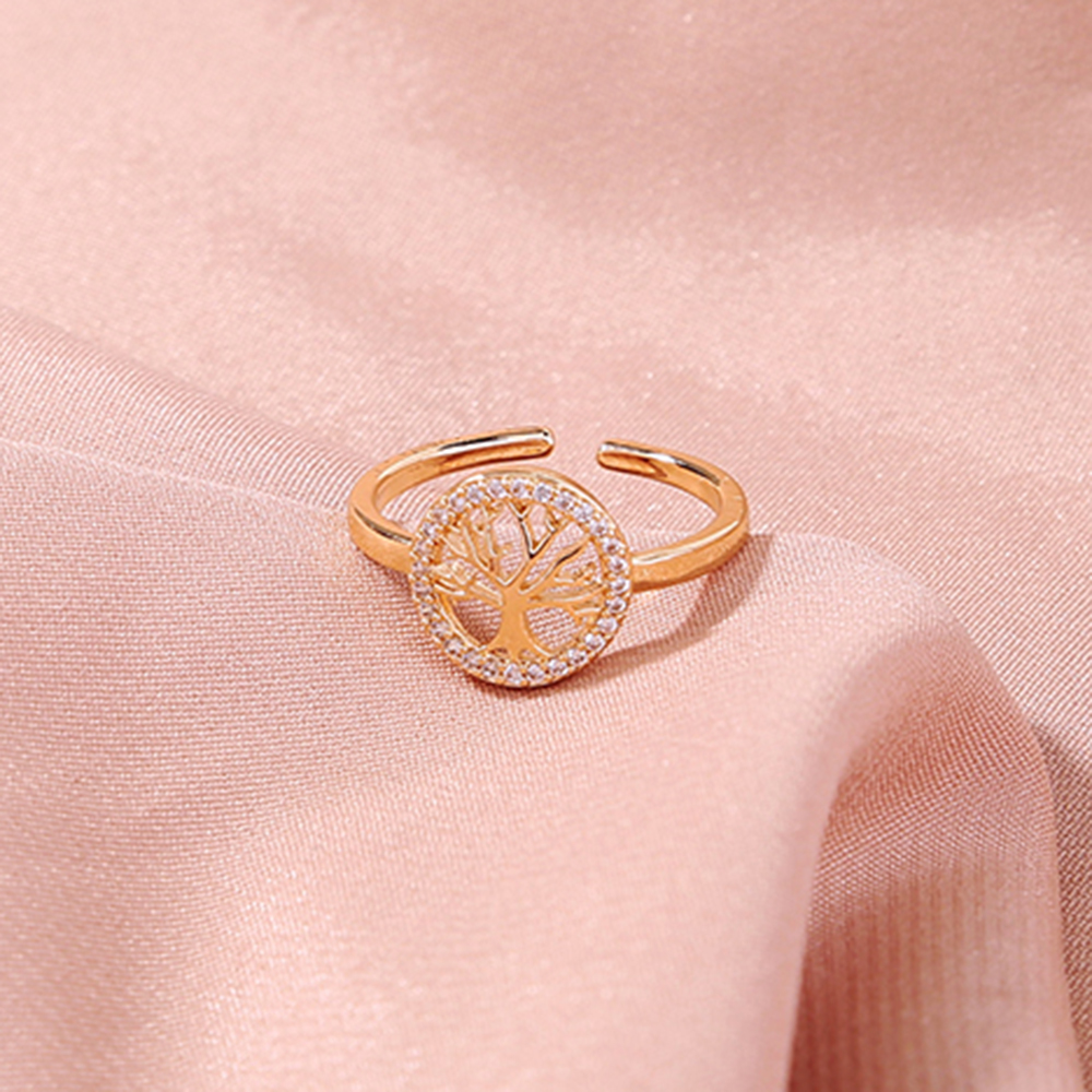 Round tree of life with Bright Zircon Open adjustable ring
