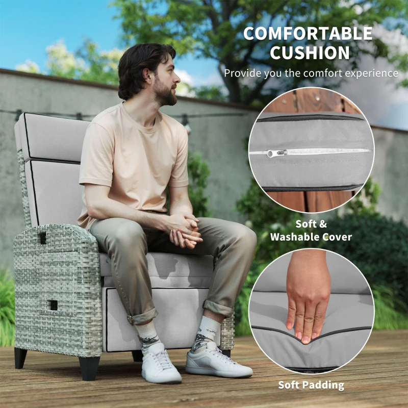 Outdoor Recliner Chair With Cushions, Reclining Patio Lounge Chair With Adjustable Footrest, Armrests, Tray Table, Gray