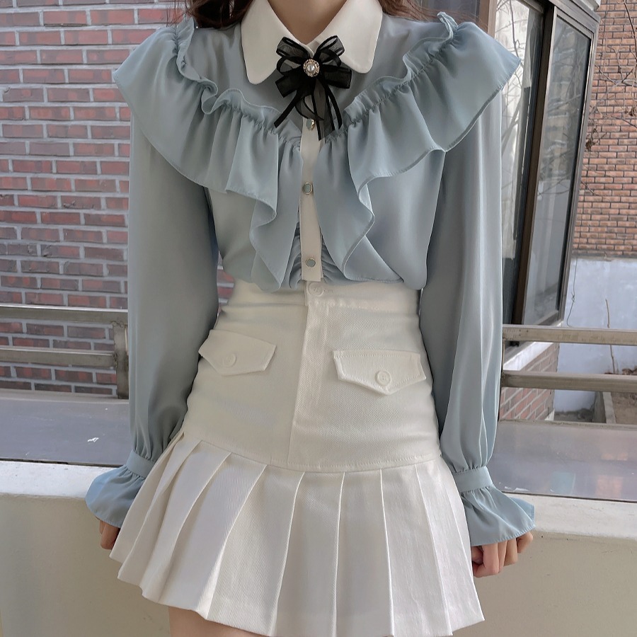 Title 5, Bowknot Solid Color Ruffled Long-sleeved Shirt