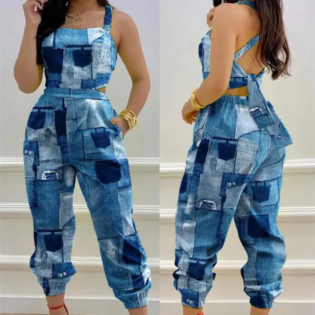 Women's Fashion Casual Print Waist skimming Jumpsuit Denim Blue - Shop at LoveMi
