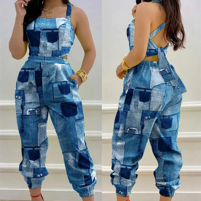 Women's Fashion Casual Print Waist-skimming Jumpsuit - Denim Blue