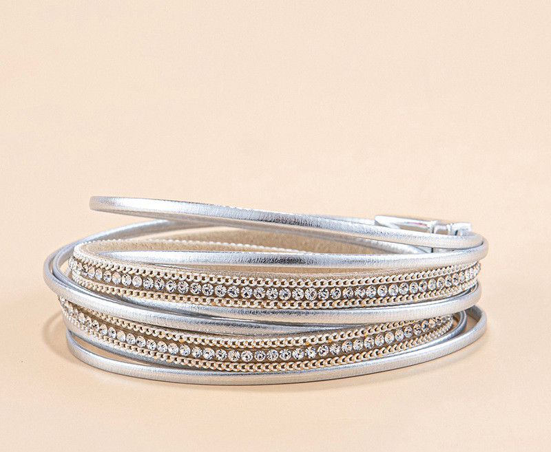 Multi-layer Silver Bracelet With Magnetic Clasp Simple PU Leather Two-ring Bracelet