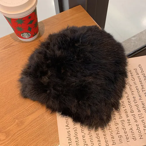 Thickened Warm Real Rabbit Plush Fur Integrated Knitted Hat Black - Shop at LoveMi