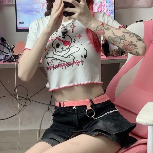 Dark Cartoon Print Crew Neck Short Sleeve Crop Navel T Shirt White - Shop at LoveMi
