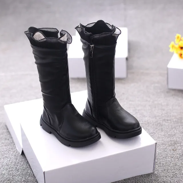 Two Cotton Long Tube Plus Cashmere Girls Children's Leather Boots Black - Shop at LoveMi