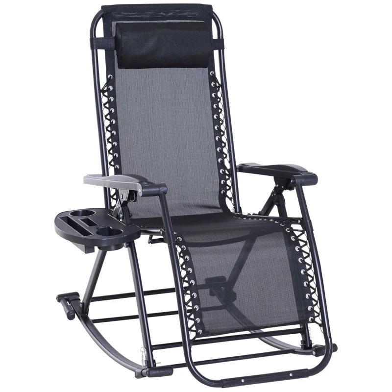 Outdoor Rocking Chairs, Foldable Reclining Zero Gravity Lounge Rocker With Pillow, Cup & Phone Holder, Combo Design With Folding Legs, Black