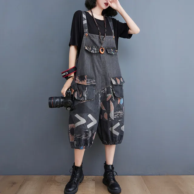 Women's New Printed Denim Bloomers 7 Points Straps Black - Shop at LoveMi