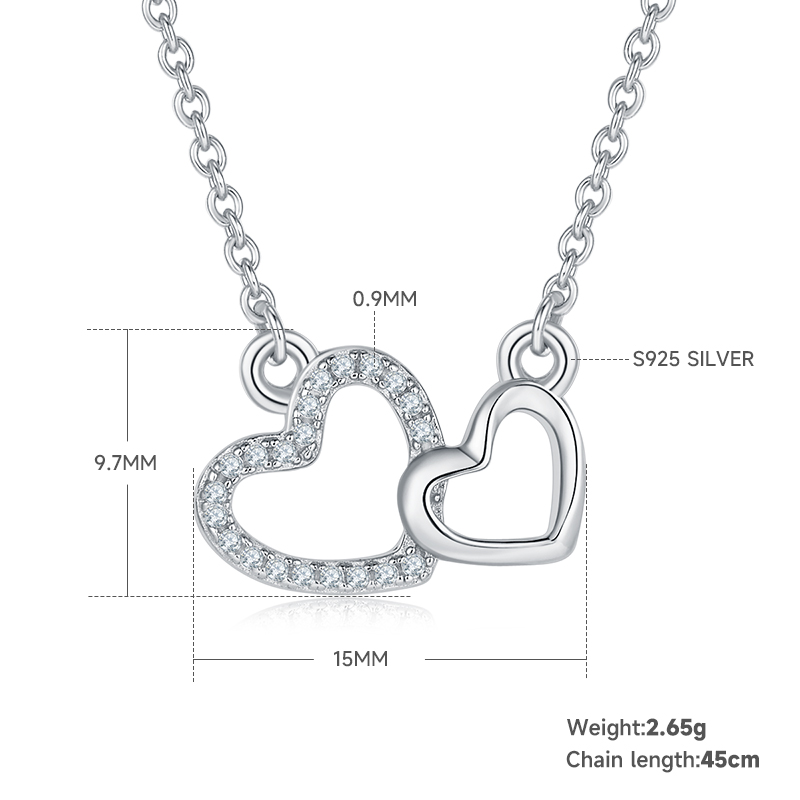 2.6g S925 Sterling Silver Moissanite Heart Necklace 45cm  21 Stone Interlocking Hearts Pendant With GRA, Platinum Plated Romantic Jewelry Gift Box Set For Women
