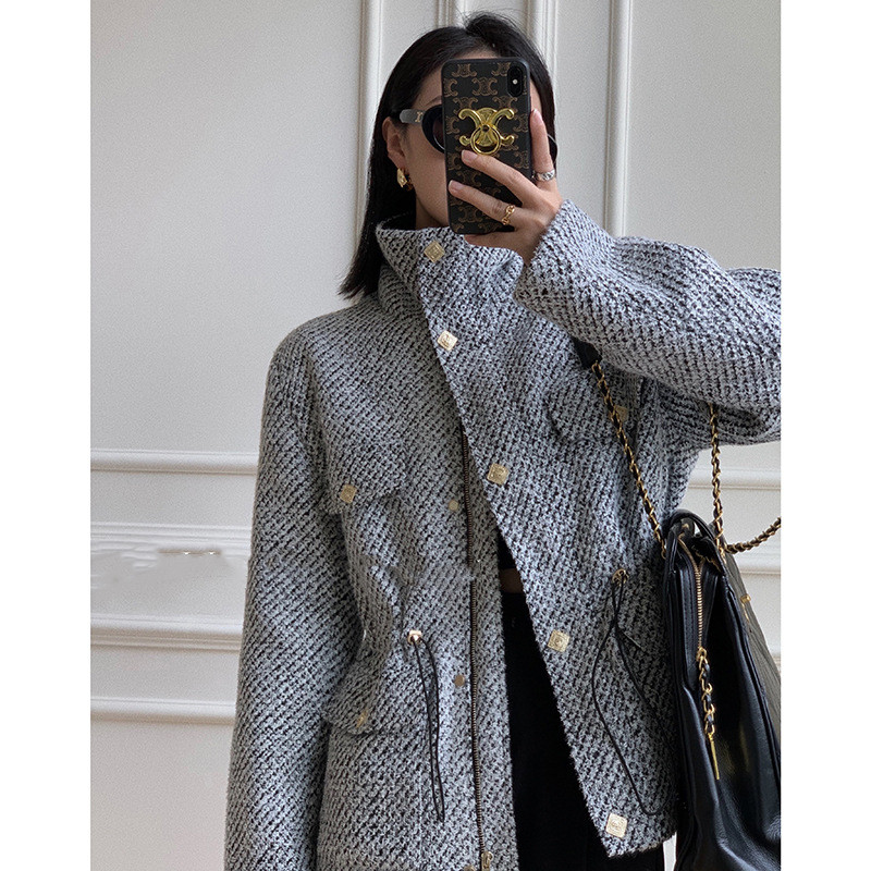 Women's Korean Style Stand-up Collar Tweed Cotton Coat
