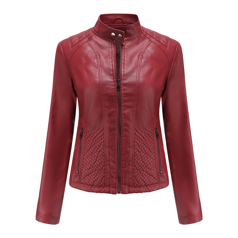 Autumn And Winter Casual Leather Coat Long sleeved Motorcycle Jacket Wine - Shop at LoveMi