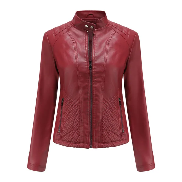 Autumn And Winter Casual Leather Coat Long sleeved Motorcycle Jacket Wine Red - Shop at LoveMi