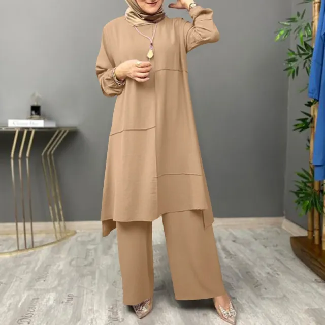 Plus Size Women's Solid Color Shirt Round Neck Elastic Cuff Top With Asymmetrical Hem & Wide Leg Pants Set Khaki - Shop at LoveMi