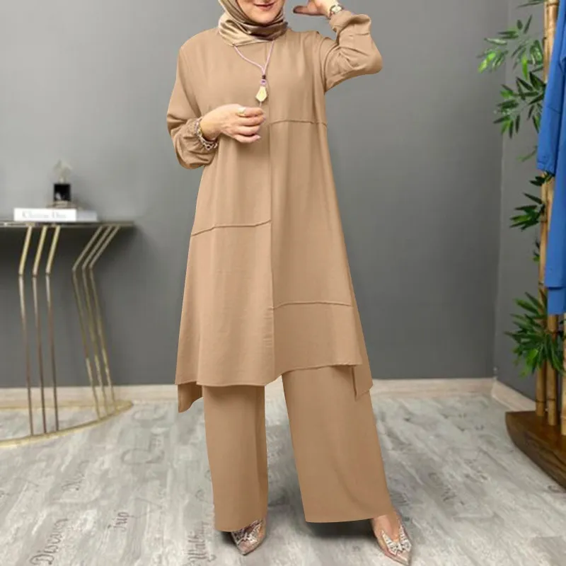 Plus Size Women's Solid Color Shirt Round Neck Elastic Cuff Top With Asymmetrical Hem & Wide-Leg Pants Set - Khaki