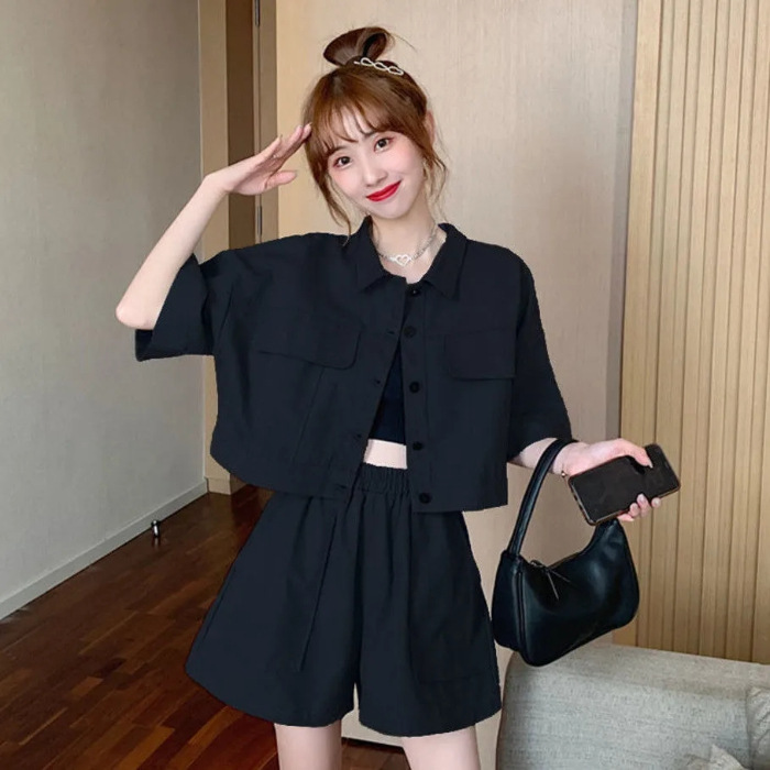 Western Style Suit Women's Work Shirt High Waist Wide Leg Shorts